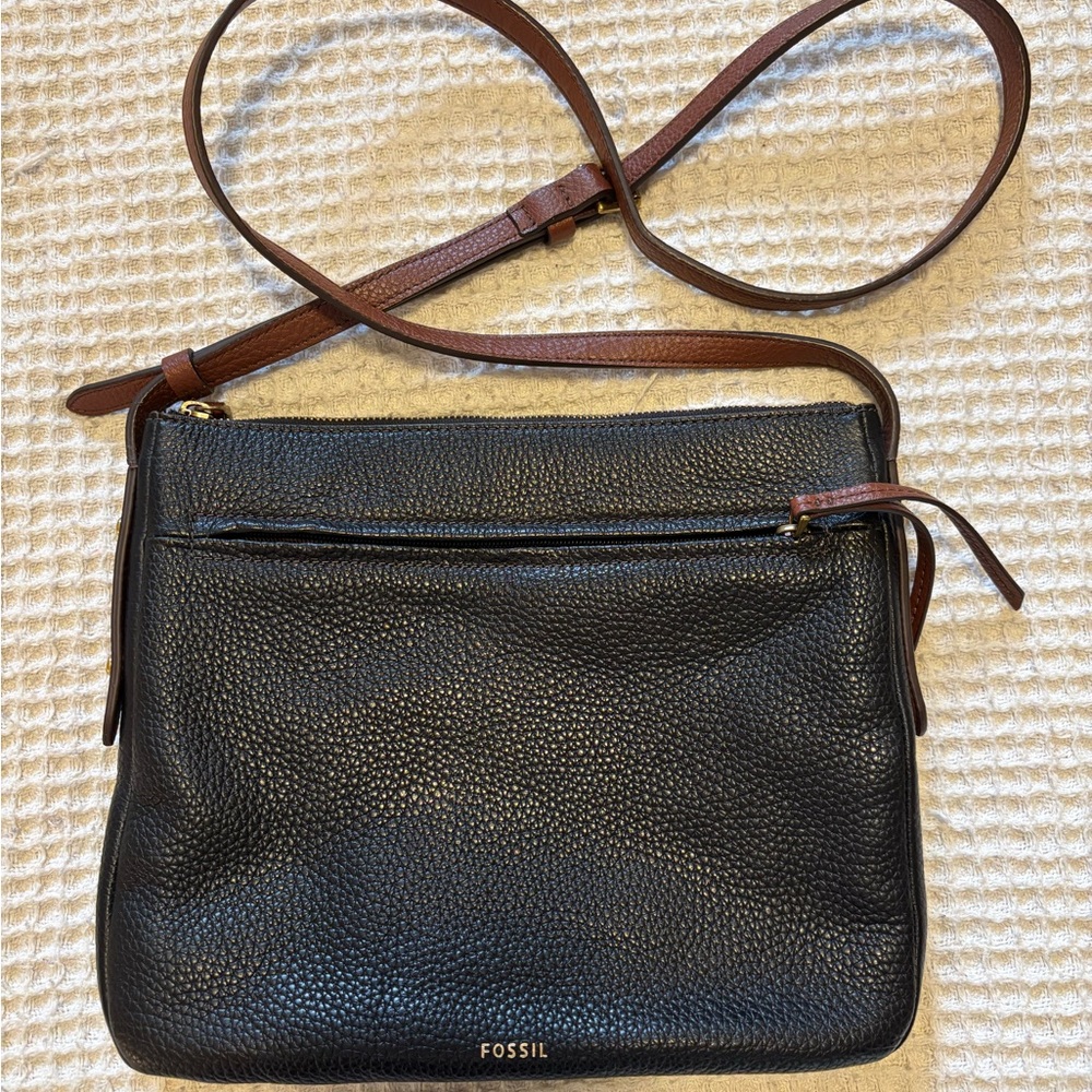 Fossil Black Pebbled Leather Crossbody with Brown Strap